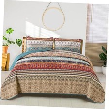 Boho Quilt Set, Green and Brown Bohemian Quilt Bedding Set, King Brown Green