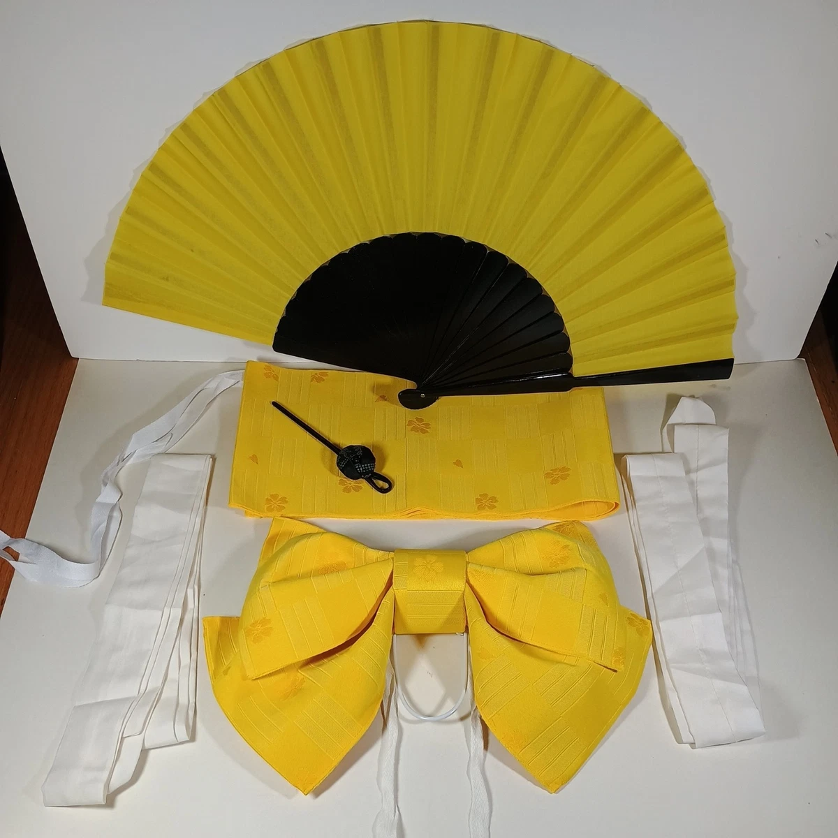 Japanese Yellow Black Tsukuri Pre-Tied Bow Reversible Obi Belt for Yukata Kimono UxicRuya Japanese Kimono Obi Belt Lady Pre Tied Bow for Kids  main image 4