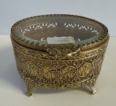 Vintage 24k Gold Plated Ormolu Beveled Glass Jewelry Velvet Trinket Box Casket