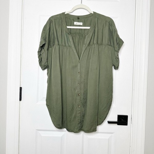 LOU & GREY LOFT Lyocell Olive Green Fluid Twill Tie Front Top NO SIZE TAG READ - Picture 2 of 8