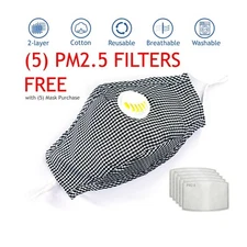 [5 PCS] 100% Cotton Valve Black/White Face Mask with 5 FREE Filters Reusable 