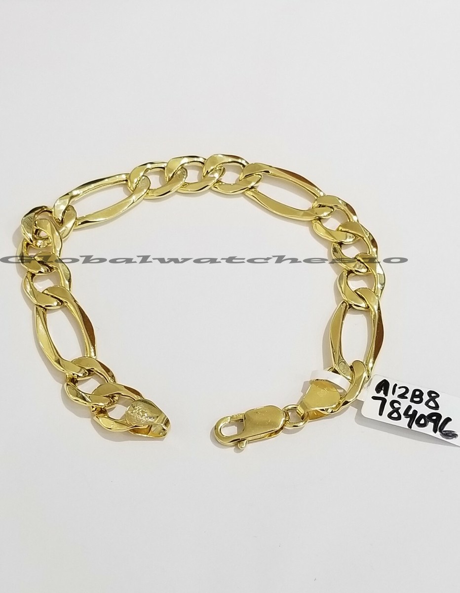 10K Yellow Gold Figaro Link Bracelet Men Women inches 11mm