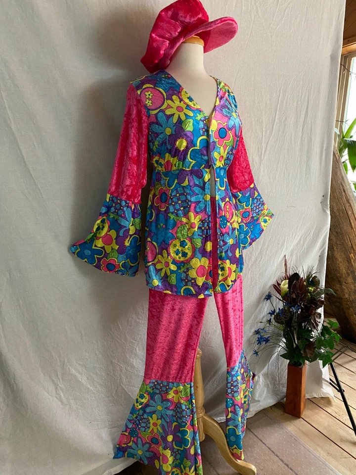 Franco Hippy Chic Disfraz Halloween Rosa Flor Power Top Campana Parte Inferior Sombrero 1 Talla Foto 2 de 4
