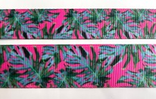 Blue green palms fern pink Grosgrain ribbon  5/8" 7/8" palm beach
