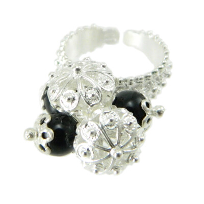 Anello Fede Sarda Donna Argento Brunito - Ciondolo Bottone Con Pietra Nera Onice Su Coccu