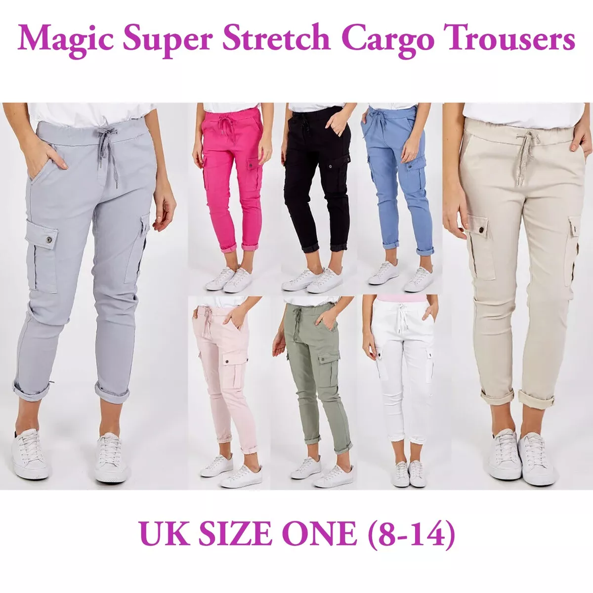 Ladies Magic Super Stretch Cargo Trousers Joggers Comfy Womens