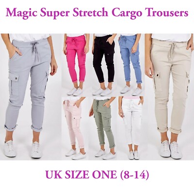 Damen Magic Super Stretch Cargo Hose Jogginghose Bequem Damen Uni Tasche Pant