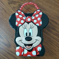 Disney Minnie Mouse Tin Carrier Lunch Box Purse Red Black w/ Beaded Pink Handle