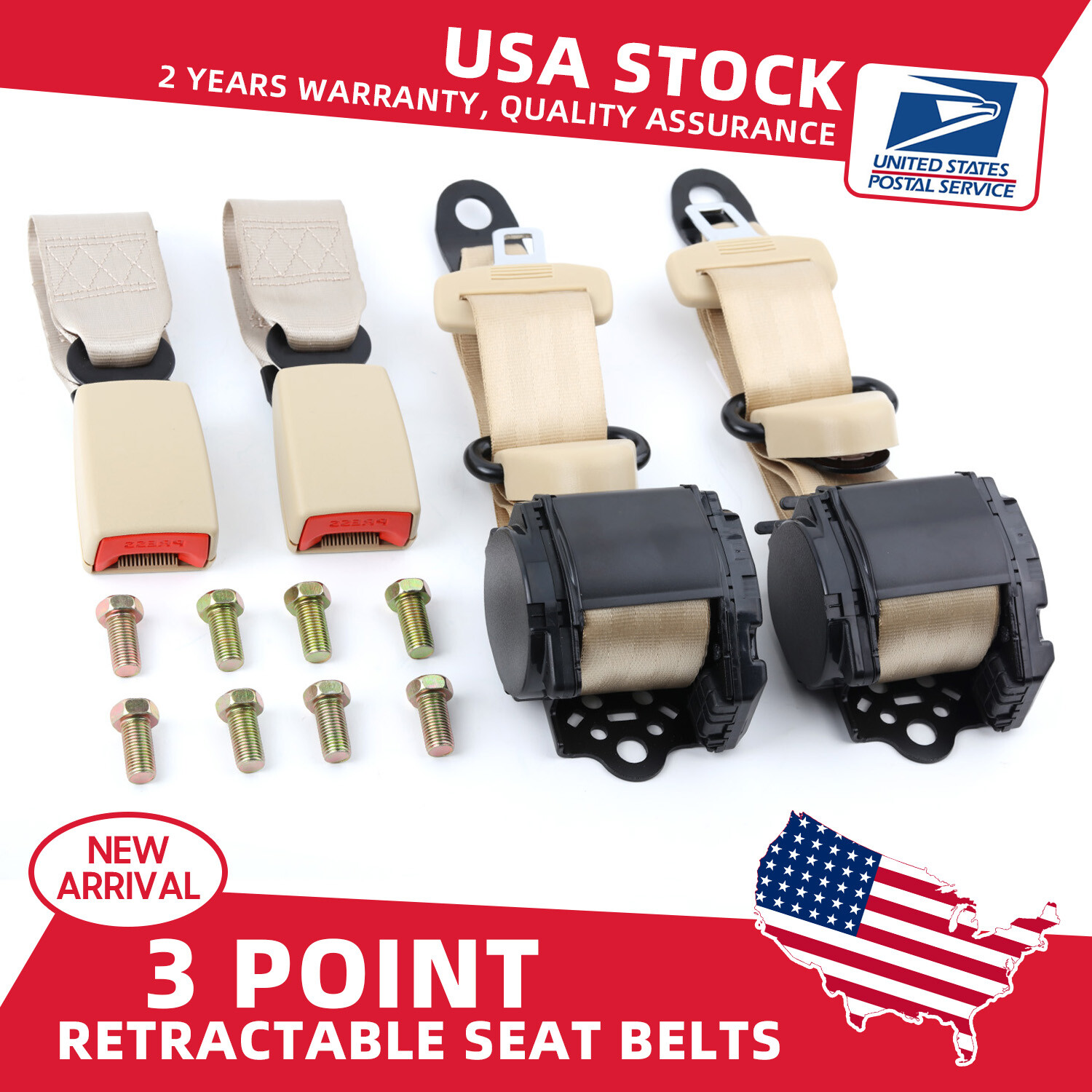 2Set Retractable 3 Point Safety Seat Belt Strap Car Vehicle Beige For Ram Dodge
