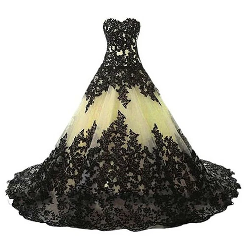 Bridal Dress Strapless Black Wedding Dress Tulle Lace Stickers Wedding Dress- - Picture 21 of 30