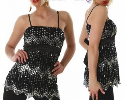 SeXy Miss Damen Glitzer Pailletten Babydoll Glitzer Top schwarz silber 38 NEU - Bild 1 von 2
