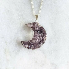 Amethyst Druzy Crescent Moon Necklace - Silver Plated - Geode Necklace Crystal