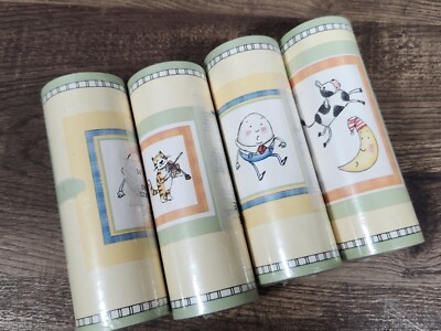 Nursery Rhyme Wallpaper Border Cat Fiddle Cow Moon Humpty Vtg 4 Rolls = 60 ft
