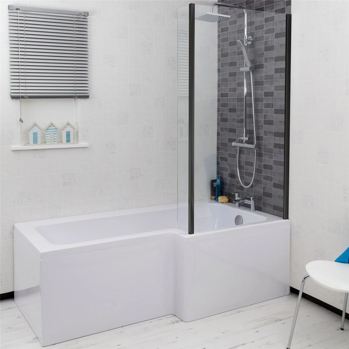 Bathroom L Shaped Bath Black Shower Screen Right Hand Front Panel