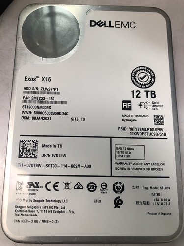 Dell EMC Exos X16 12TB 3.5" Hard Drive ST12000NM009G 7.2K 2MT233-150 7KT9W - Afbeelding 2 van 7