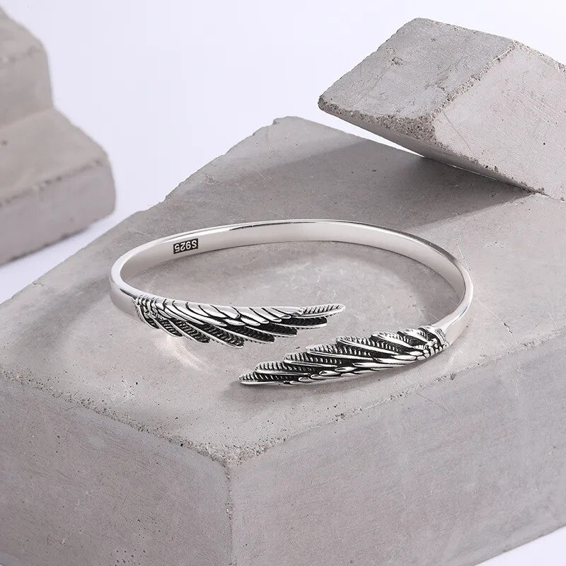 Adjustable 925 Sterling Silver Feather Bangle Bracelet-image
