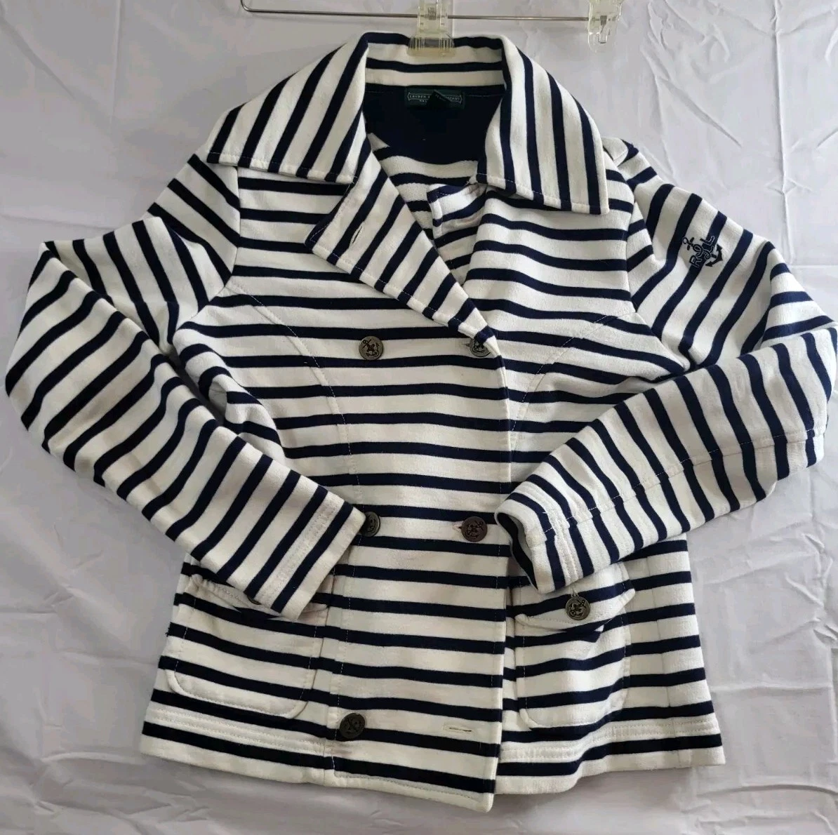 Ralph Lauren Jacket Womens Sz Medium Blue White Stripe Nautical Double Breasted