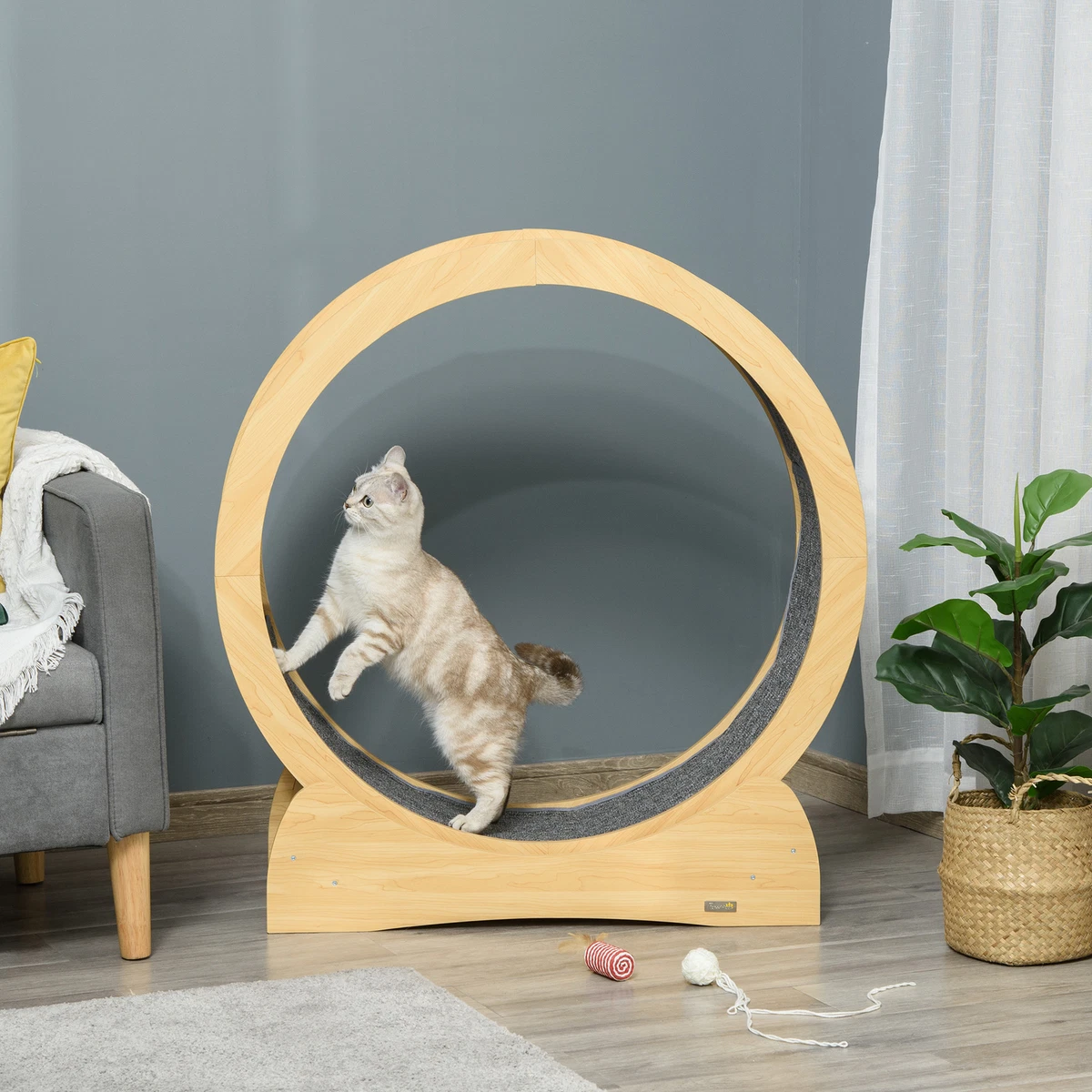 Cat Exercise Wheel Treadmill with Natural Wood Grain Cat Spinning