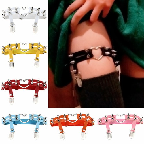 Women's Sexy Leather Leg Ring Garter Belt Elastic Heart Punk Rivet Thigh Ring - Picture 2 of 24