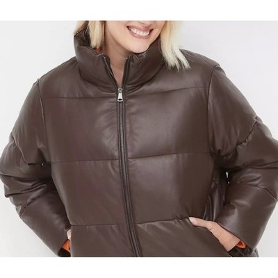 Nwt Lane Bryant Brown Faux Leather Puffer Coat Zip Front Size 14/16 Retail $169