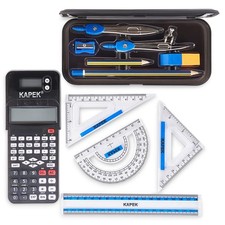 KAPEK Scientific Calculator + Math Set for Schools | 2-Line Display | 10-Piec...