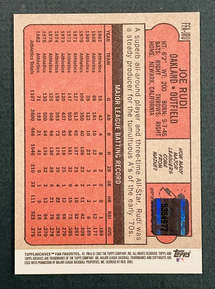 2003 Topps архивы автографы Oakland A's Joe Rudi # FFA-JRU  - Изображение 3 из 4