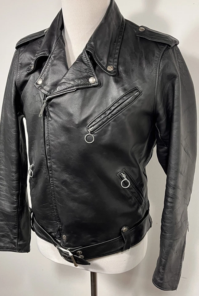 Chaqueta de moto de cuero Brooks vintage años 70 abrigo de montar garra cremallera carreras 46 Foto 3 de 4