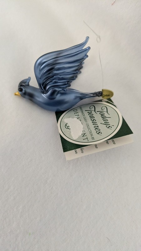 Department 56 Today's Treasures Handmade Glass Bluebird Ornament, gold beak, New