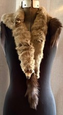 Vintage Fox Fur Stole Wrap w/ Heads Tails Ring Tie Closure Brown Mid Century