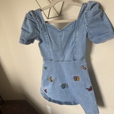Fashion Nova Kids Denim Butterfly Dress - Size 4T - Puff Sleeves & Embroidered.