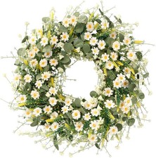 White Daisy Wreath 24 Inch W/ Fake Silk Floral Green Eucalyptus Leaves 