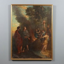 Dipinto Antico Le Ninfe Bruciano la Nave di Telemaco Olio su Tela '600 Originale