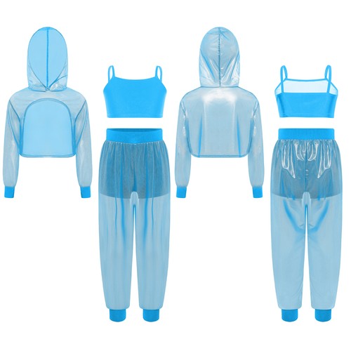 Girl 3 Pieces Hip Hop Dance Outfit See Through Hoodie Vest with Pants Dancewear - Picture 11 of 32