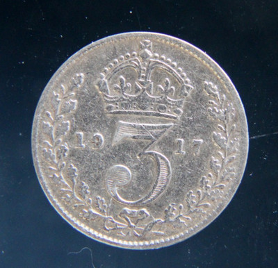Great Britain,3 Three Pence 1917 silver coin, 0.925,#2
