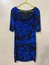 CONNECTED APPAREL Stretch Dress 12 Draped Teal Black Knee Length Faux Wrap Skirt