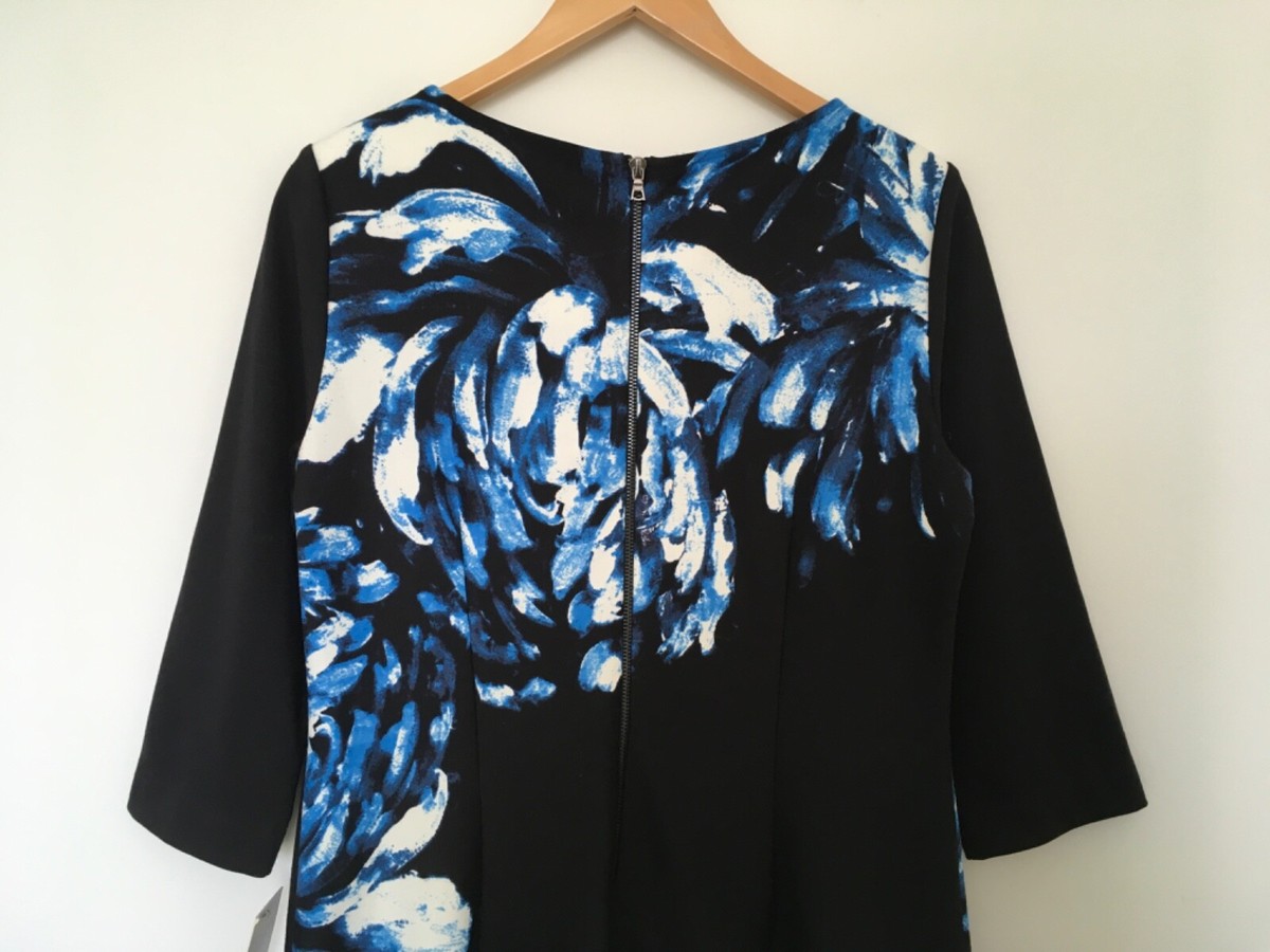 Taylor Brand Black Blue White Floral 3/4 Sleeve Sheath Dress Sz 10 Ponte  Knit | eBay