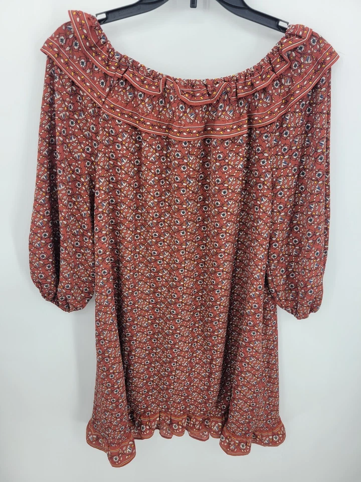 Vestido Max Studio Feminino Médio Marrom Floral Babado Manga Balão Boho Camponês - Imagem 2 de 4