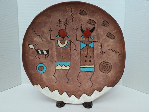 Vintage 1989 Native American Signed Red Horse Red Clay Bowl Plate With Stand