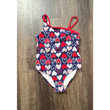 OP Girl's One-Piece Swimsuit Red/White/Blue with Hearts Size 5T