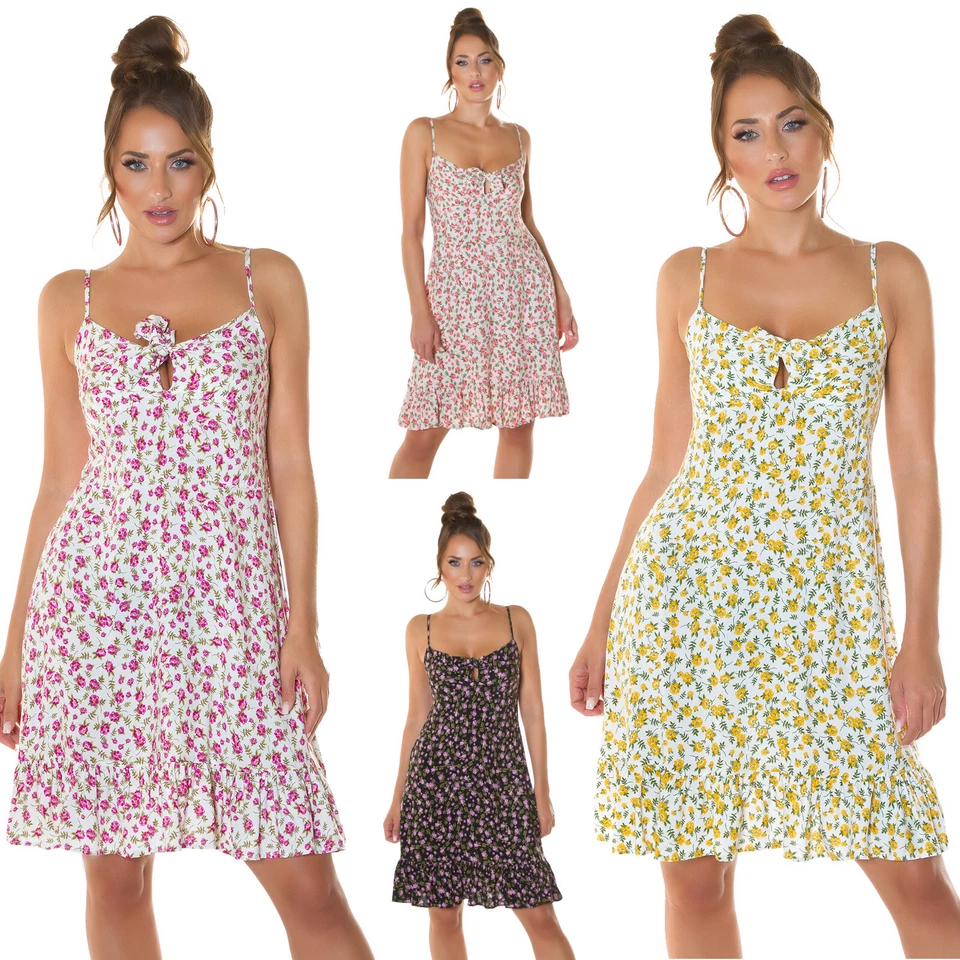Mini vestido floral para mujer con nudo moderno rodilla acampanado tirantes delgados @ - Imagen 1 de 1