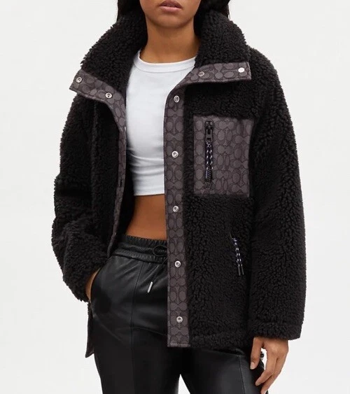Giacca sherpa Coach donna firmata logo jacquard bloccato relaxed nera taglia M nuova con etichetta
