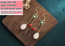Jade Bohemian Drop Dangle Earrings Flower Dainty Gemstone Hook 18K Gold Plated