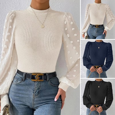 Women Puff Long Sleeve Lace Patchwork Knit Sweater Shirt Tops Pullover Blouse