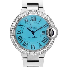 Cartier Ballon Bleu 33mm 3489 Auto Custom Diamond Bezel Blue Roman Dial SS Watch