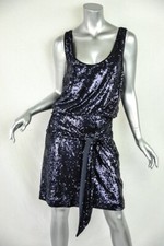 TORY BURCH Womens Navy Sequin Sleeveless Short Above-Knee Blouson Belted Dress M