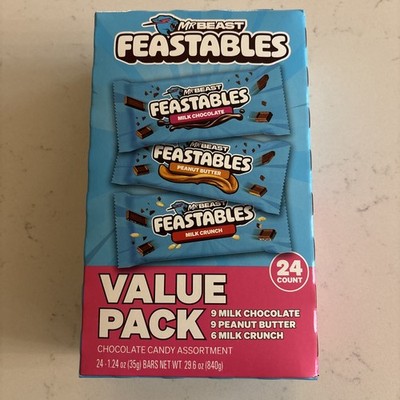 Mr Beast Feastables Milk Crunch/ Chocolate/ Peanut Butter/ Value Pack, 24 Bars