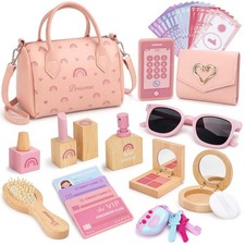 Wooden Toddler Play Purse for Little Girl with Pretend Makeup Set Kids Wooden