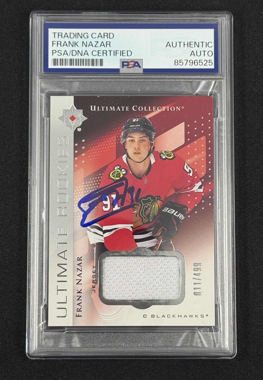 Frank Nazar 2024-25 UD Ultimate Collection Hockey Rookie Auto Relic /499 PSA DNA view 1