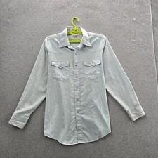 VINTAGE Lee Men Button Up Shirt L Blue Made In USA Pearl Snap Western