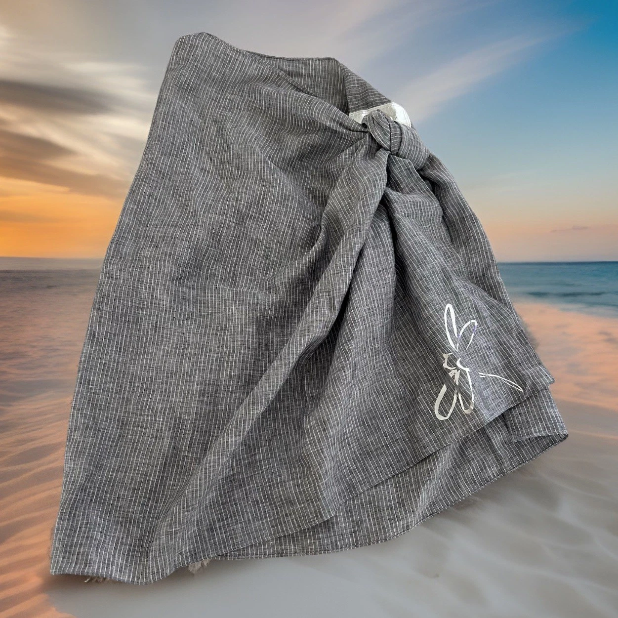 Corneau et Filles Gray Striped Linen Wrap Sarong Skirt Dragonfly O/S USA